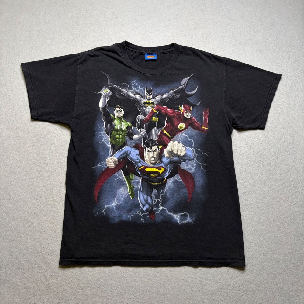 Justice League T-Shirt Mens L Black DC Comics Superman Batman Flash Y2K Graphic